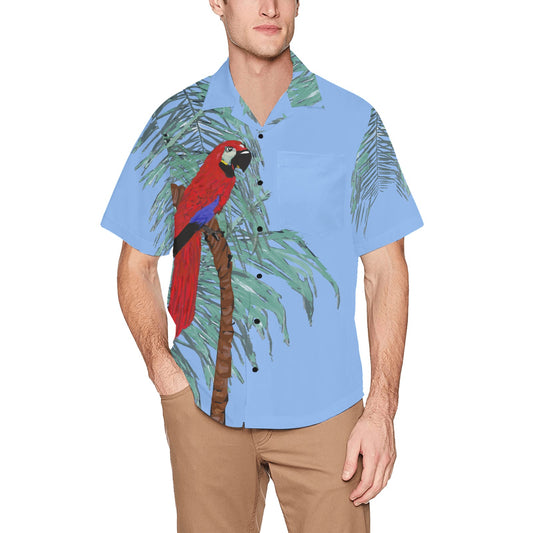 Miniaday Designs Red Parrot With Palms Blue Hawaiian Shirt with Chest Pocket