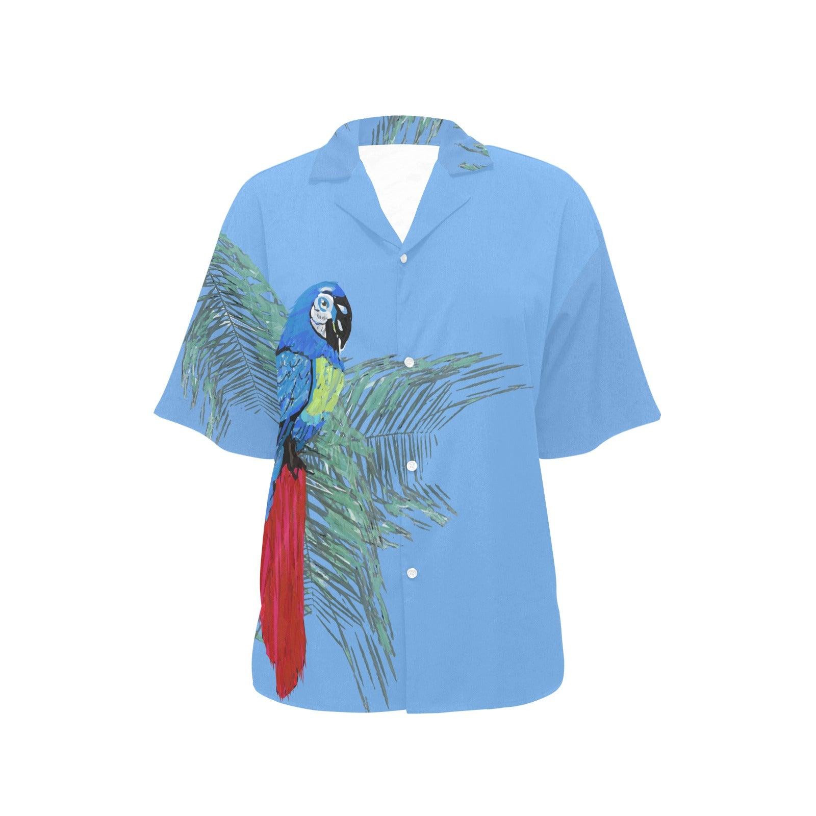 Womens' Blue Parrot on Palms Hawaiian Shirt - Miniaday Designs, LLC.