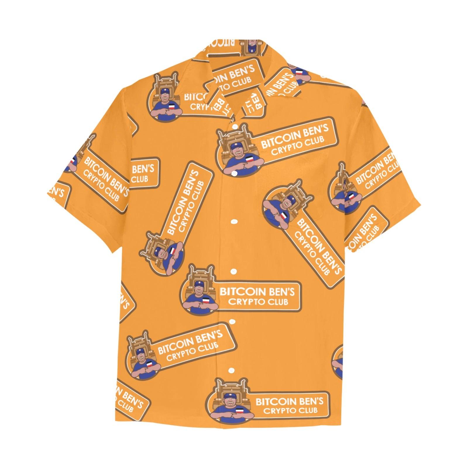 Miniaday Designs Bitcoin Ben Larger Crypto Club on Orange Hawaiian Shirt with Chest Pocket - Miniaday Designs, LLC.