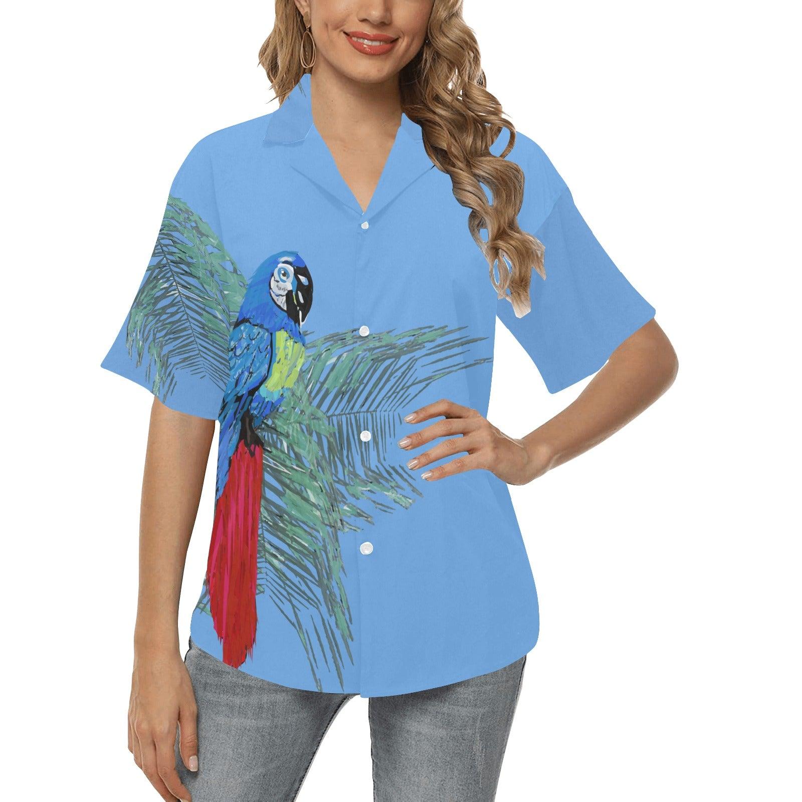 Womens' Blue Parrot on Palms Hawaiian Shirt - Miniaday Designs, LLC.