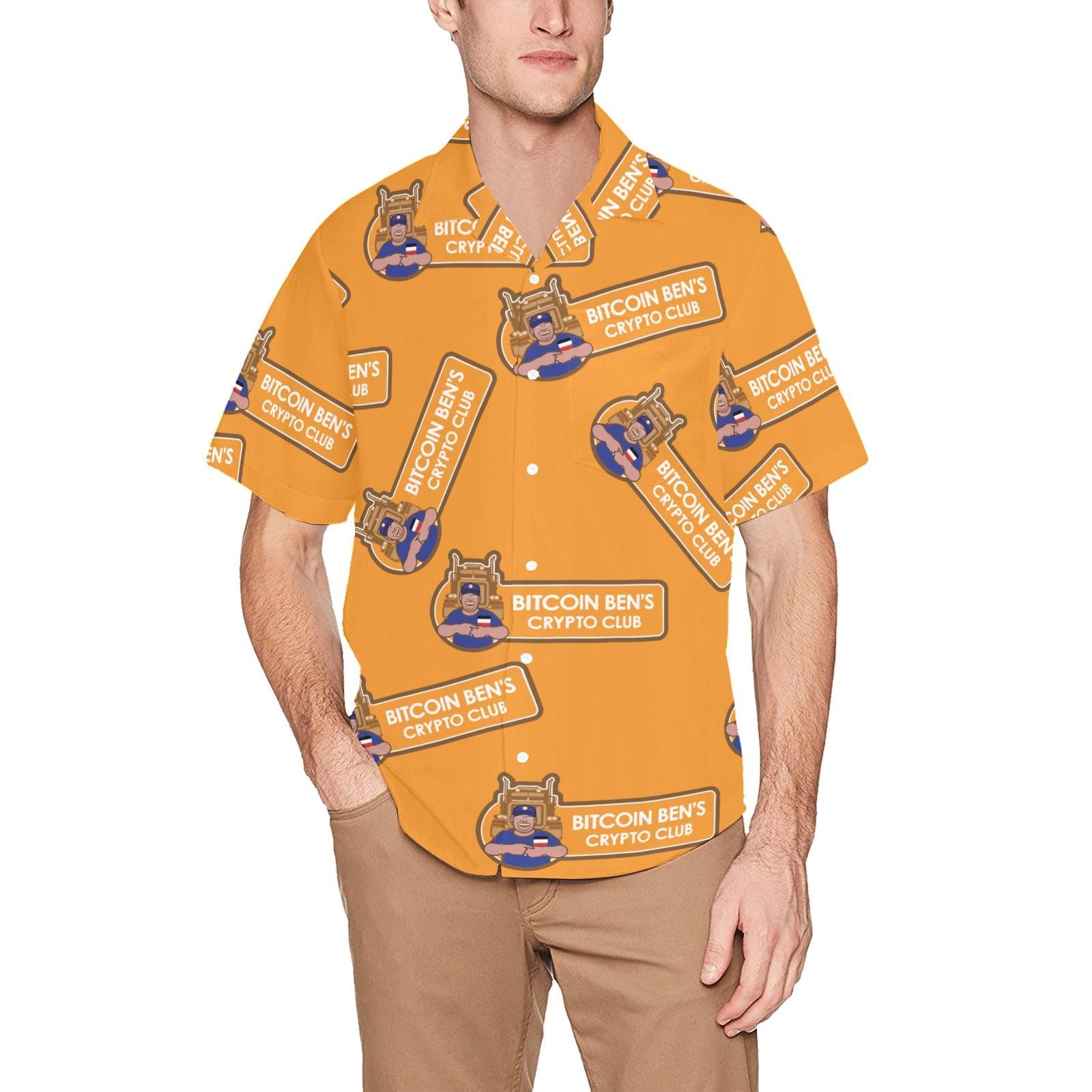 Miniaday Designs Bitcoin Ben Larger Crypto Club on Orange Hawaiian Shirt with Chest Pocket - Miniaday Designs, LLC.