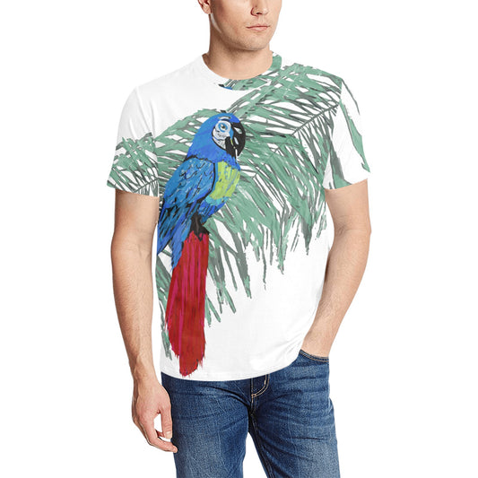 Miniaday Designs Palm and Blue Parrot Men's T-Shirt (Random Design Neck)