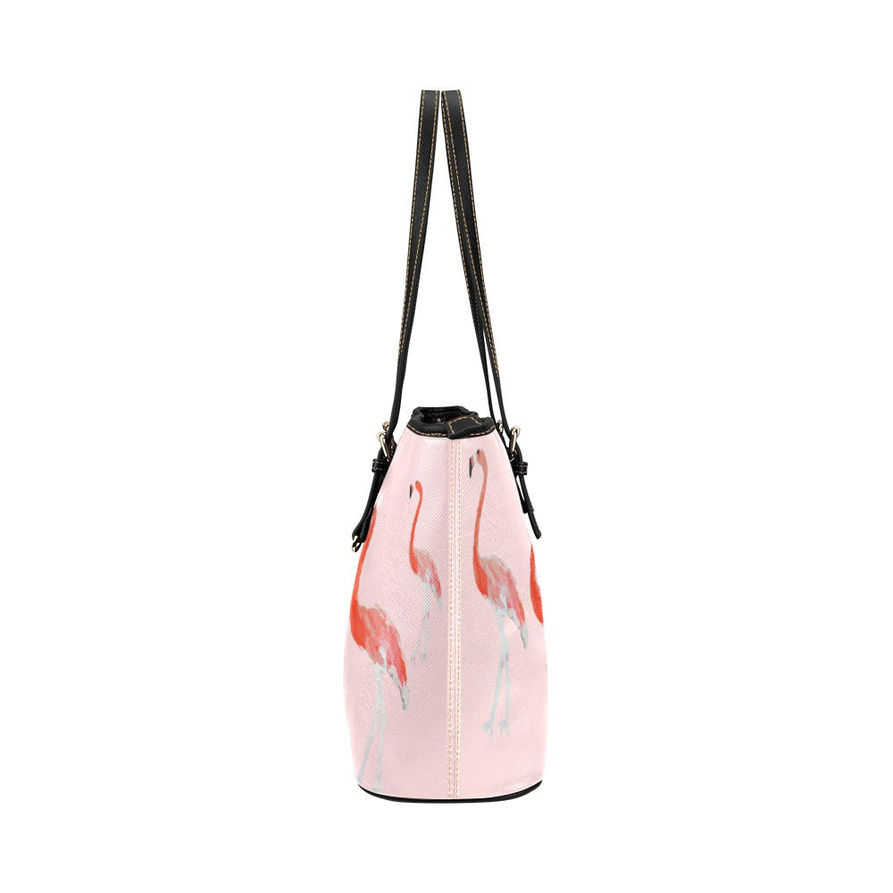 Bolso tote pequeño con flamenco gris y rosa sobre melocotón @ Bolso tote de cuero 3x/Pequeño (Modelo 1651)