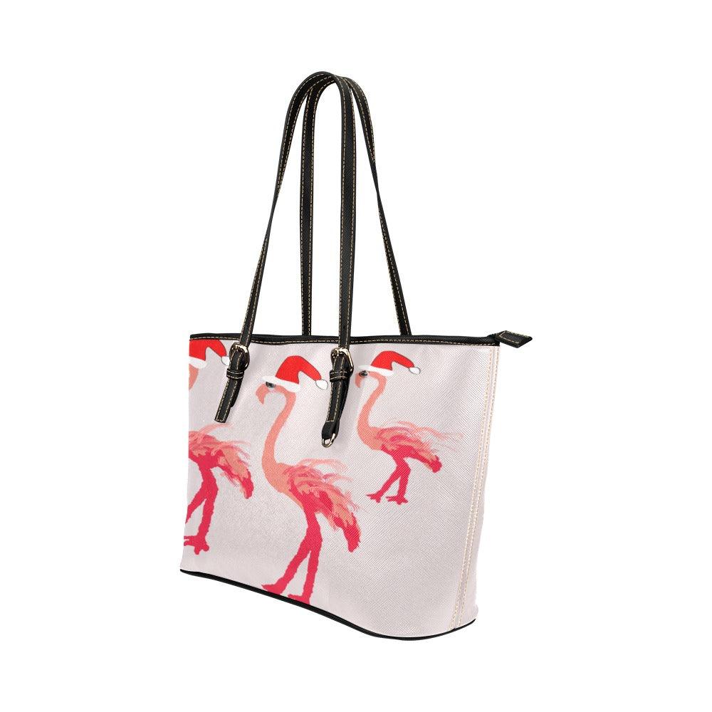 Miniaday Designs Santa Flamingoes Small Tote Leather Tote Bag/Small (Model 1651) - Miniaday Designs, LLC.