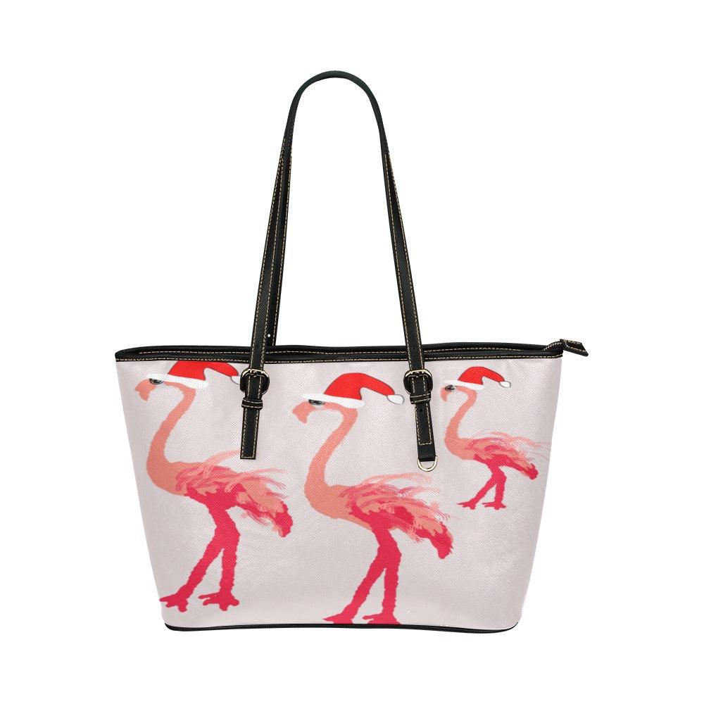 Miniaday Designs Santa Flamingoes Small Tote Leather Tote Bag/Small (Model 1651) - Miniaday Designs, LLC.