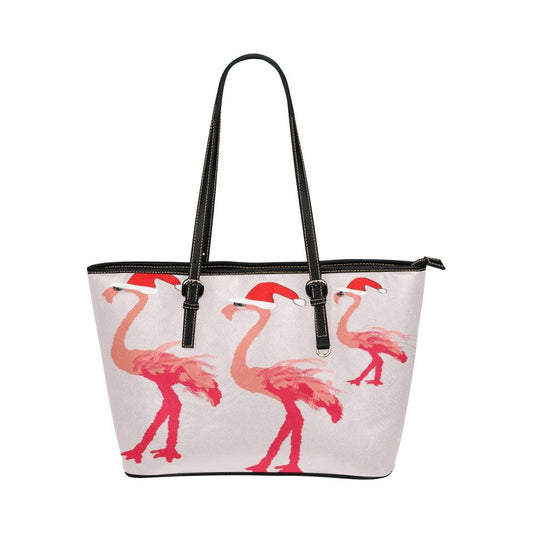 Miniaday Designs Santa Flamingoes Small Tote Leather Tote Bag/Small (Model 1651) - Miniaday Designs, LLC.