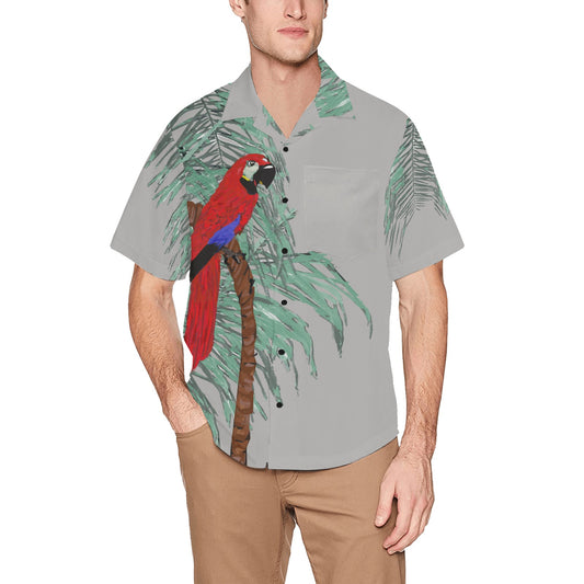 Miniaday Designs Red Parrot With Palms on Beige Hawaiian Shirt with Chest Pocket