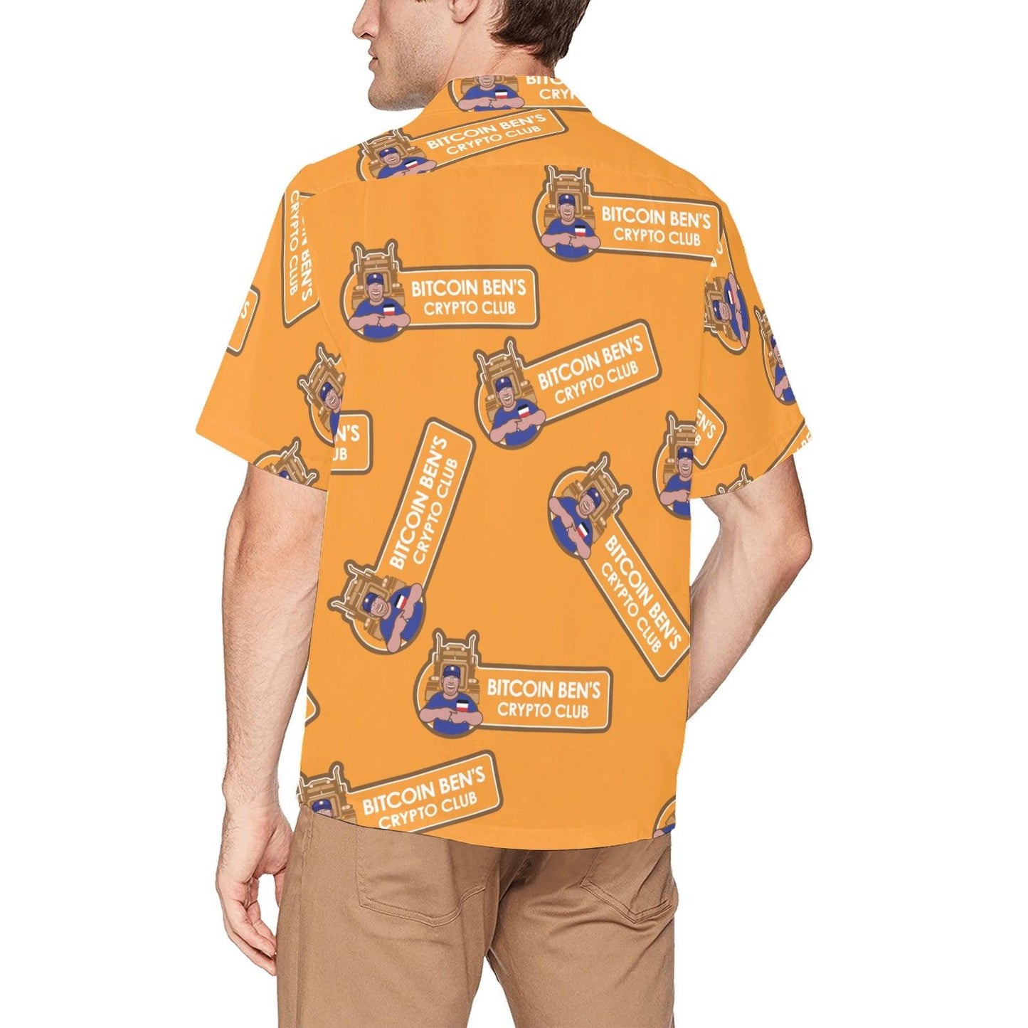 Miniaday Designs Bitcoin Ben Larger Crypto Club on Orange Hawaiian Shirt with Chest Pocket - Miniaday Designs, LLC.