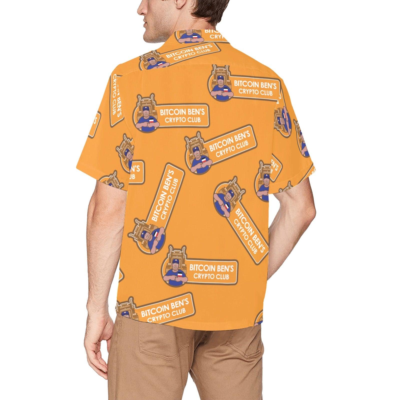 Miniaday Designs Bitcoin Ben Larger Crypto Club on Orange Hawaiian Shirt with Chest Pocket - Miniaday Designs, LLC.