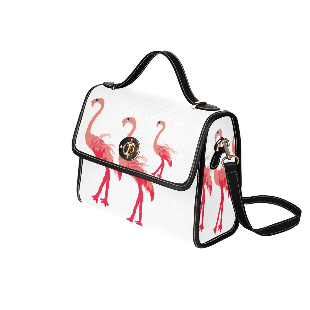 Flamboyant Flamingoes on White Bag Waterproof Canvas Bag-Black (All Over Print) (Model 1641)