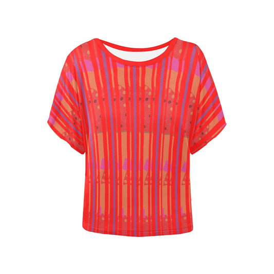 Miniaday Designs Red Stripes Batwing Sleeves Ladies Top (Hidden Design- Can You Guess?)