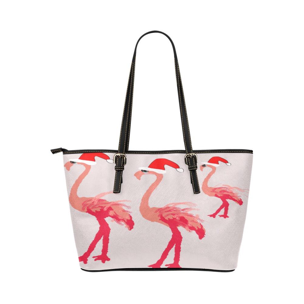 Miniaday Designs Santa Flamingoes Small Tote Leather Tote Bag/Small (Model 1651) - Miniaday Designs, LLC.
