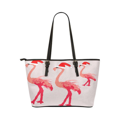 Miniaday Designs Santa Flamingoes Small Tote Leather Tote Bag/Small (Model 1651) - Miniaday Designs, LLC.