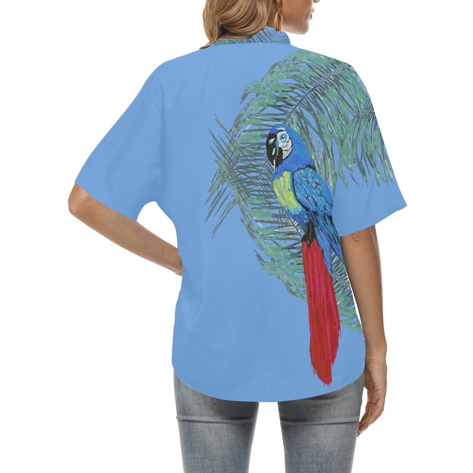 Womens' Blue Parrot on Palms Hawaiian Shirt - Miniaday Designs, LLC.