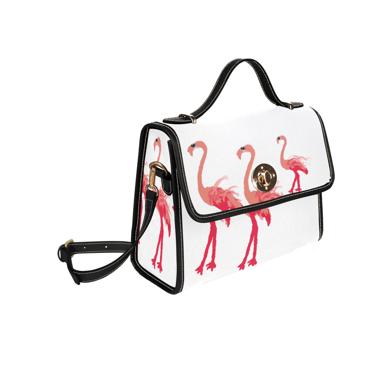 Flamboyant Flamingoes on White Bag Waterproof Canvas Bag-Black (All Over Print) (Model 1641)