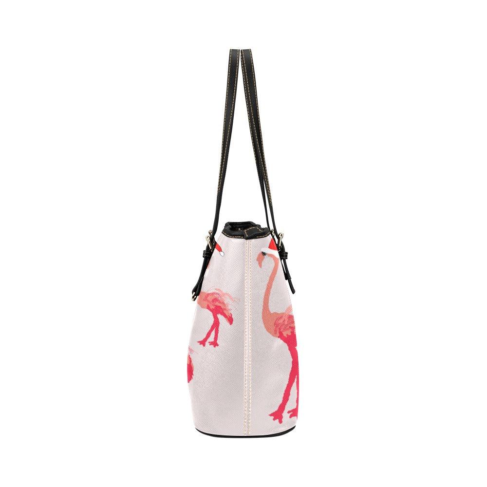 Miniaday Designs Santa Flamingoes Small Tote Leather Tote Bag/Small (Model 1651) - Miniaday Designs, LLC.