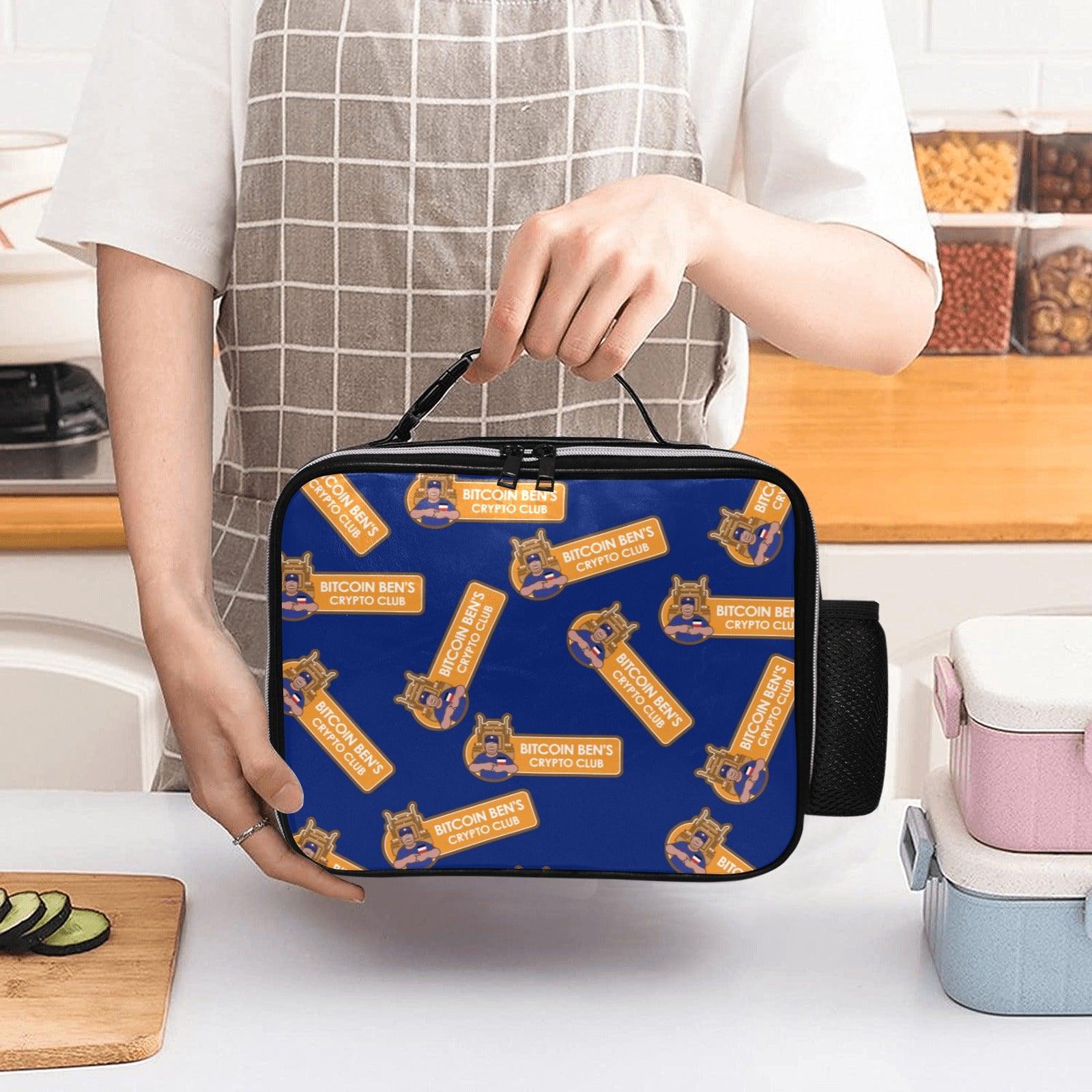 Miniaday Designs Bitcoin Ben Crypto Logo Blue Multi PU Leather Lunch Bag - Miniaday Designs, LLC.