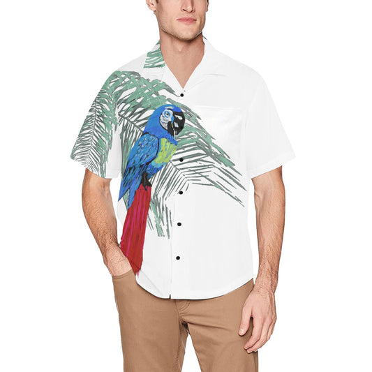Miniaday Designs Blue Parrot on White Hawaiian Shirt with Chest Pocket